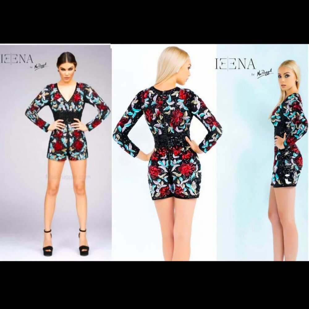 IEENA x MAC DUGGAL Multi-Color Sequin Beaded Short Romper